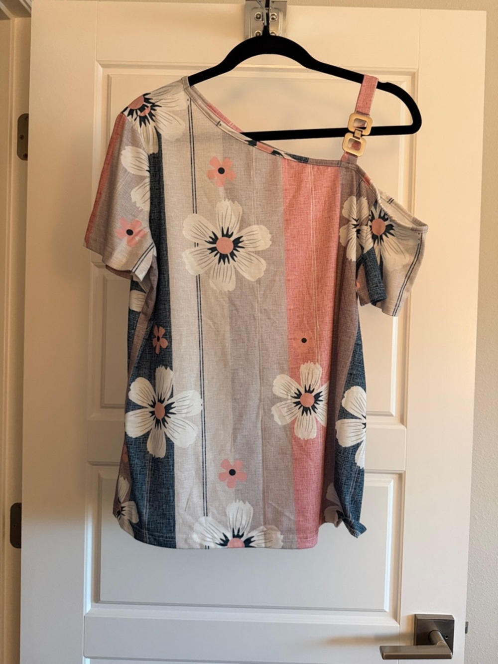 SHEIN One-Shoulder Floral Stripe Camisole in Pink, Blue & White